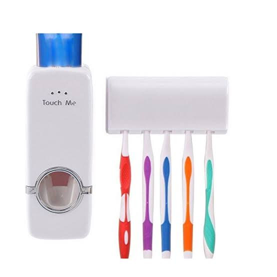 Toothbrush Holder Automatic Toothpaste Dispenser Set Dustproof Kids Hands Free Toothpaste Squeezer for Family Washroom Bathroom White